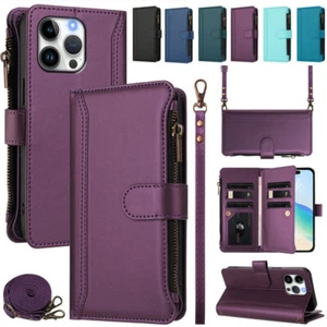 Zipper Leather Wallet Phone Case For iPhone 16E 16 15 14 13 12 11 Pro Max XR 7 8 - Picture 1 of 97