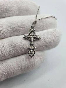 Russian Silver Cross On Silver Chain - Foto 1 di 14