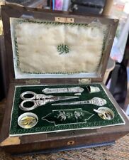 Antique Victorian Sterling Silver Sewing Kit Etui Box w Key 5 Piece False Bottom