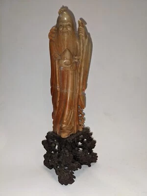 Antique Late 19th C Chinese Red Soapstone carving of Shou Lao Statue Figurine  - Image 1 of 4