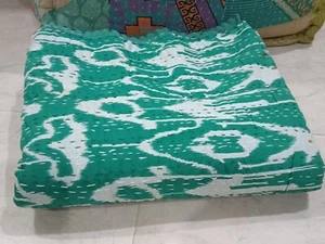 Indian Handmade Kantha Quilt Green Ikat Block Print King Size Bedspread Blanket - Picture 1 of 9