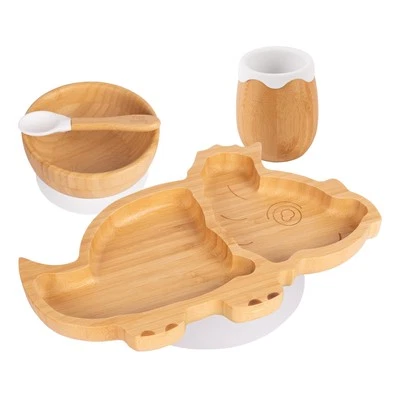 4pc Tiny Dining Weiß Dinosaurier Bambus Baby-Fütterungsset Entwöhnung Teller - Bild 1 von 4