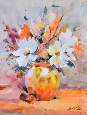 Florero original pintura acuarela por Jay Jack Jung (n. 1955) Firmado | Certificado de autenticidad Foto 1 de 3