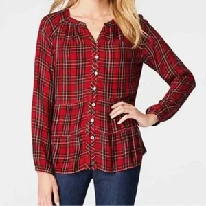 J Jill Tartan Plaid Top Size Medium Red Button Up Long Sleeve Ruffle Tiered - Bild 1 von 10