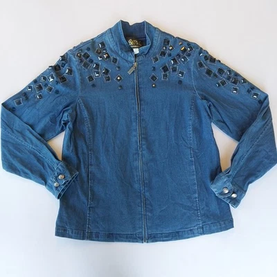 Chaqueta de mezclilla azul adornada con joyas cuadradas Bob Mackie talla pequeña Foto 1 de 4