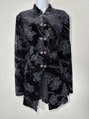 NWT Vintage JBS LTD Black Velvet Silver Glitter Flowers Asian Style Tunic L - Image 1 of 4