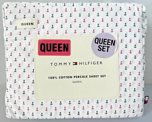 Tommy Hilfiger TWIN FULL QUEEN Percale Sheet Set Nautical Anchor 100% Cotton - Picture 1 of 2