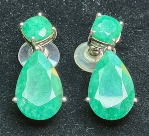 Sterling Silver Emerald Cushion Cut Teardrop Dangle Drop Earrings - Picture 1 of 7