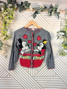 Vintage Mickey & Minnie Mouse KISS Disney Knit Cardigan Sweater Kids M 10/12 - Picture 1 of 6