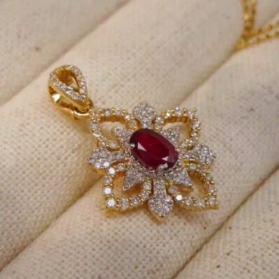 Court Style Four-Leaf Clover Lab Created Ruby Natural Diamond Pendant 14K Gold - Image 1 of 4