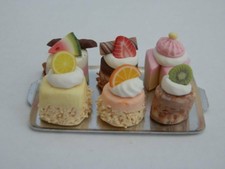 Dolls house food: Silver tray of assorted desserts cakes -By Fran