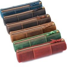 Handmade Cowhide Leather Pen Pouch Zipper Pencil Case Stationery Storage Bag