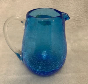 Pilgrim Glass Hand Blown Blue Crackle Art Glass Vase/Pitcher - 3.75” Vintage - Picture 1 of 8