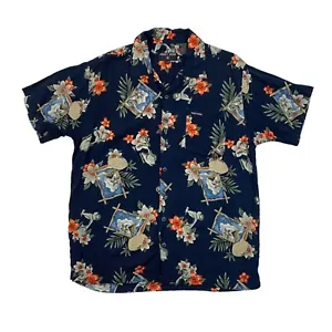 Vintage Point Zero Hawaiian Shirt Men S Small Navy Blue Tropical Button Up Rayon - Picture 1 of 9