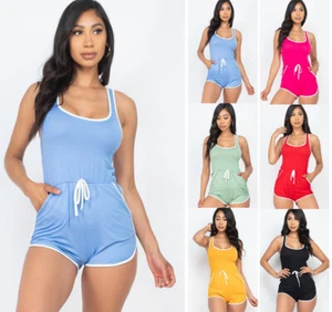 SML Womens Racer Back Sleeveless Romper Drawstring Pockets Solid Knit One Piece - Picture 1 of 10