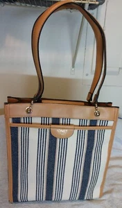 Jones NewYork Kaki/Navy Stripped Canvas Multitask Tall Shoulder Tote Bag - Picture 1 of 8