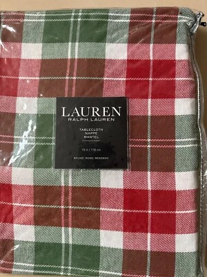 RALPH LAUREN 1pc 70” ROUND TABLECLOTH RED/WHITE/GREEN TARTAN PLAID  bnip - Image 1 of 4