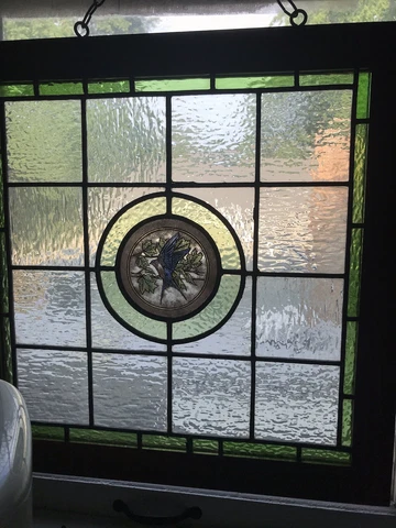 Antique European Stained-Glass Window, hand painted Blue Bird, great condition Cover