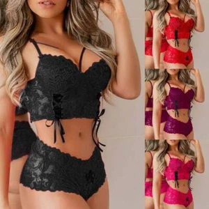Womens Lace Sexy Lingerie G-String Thong Babydoll Bra Set Sleepwear Underwear US - Picture 1 of 19