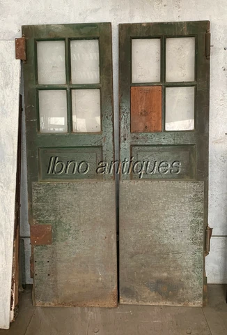 PAIR OF 1940s VINTAGE INDUSTRIAL WOODEN DOORS W/ GLASS PANES AND STEEL PLATES Cover