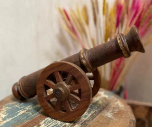 Vintage Wooden Brass Fitted India Cannon Figure Original Old Fine Hand Carved - Picture 1 of 9