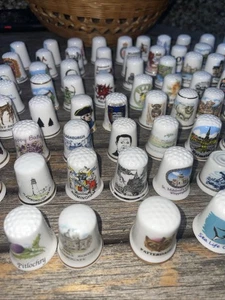 Job Lot Of Approx 75 Ceramic Thimbles In Woven Basket Various Makers & Designs - Picture 1 of 20