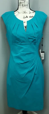 Adrianna Papell Sheath Dress Womens 8 Blue Pleated Waist Split Neck 011232740 - Image 1 of 4
