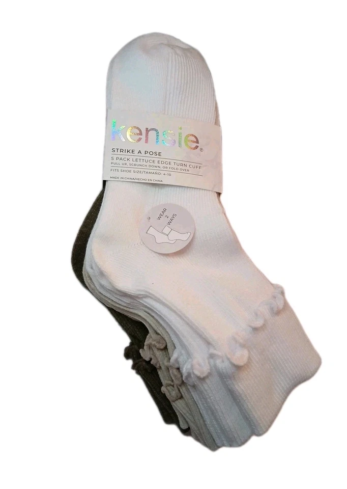 Kensie - 生菜边缘转袖袜 - 5 包 - 尺寸 4-10 - 白色和棕色 - 全新 — 第 1/4 张图片