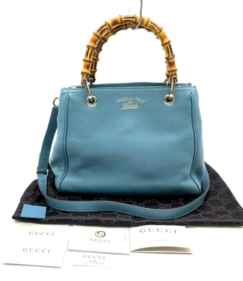 Auténtico Bolso de Mano Gucci Cuero Bambú Azul Claro 2 Vías 336032 con D NS111088 Foto 1 de 4
