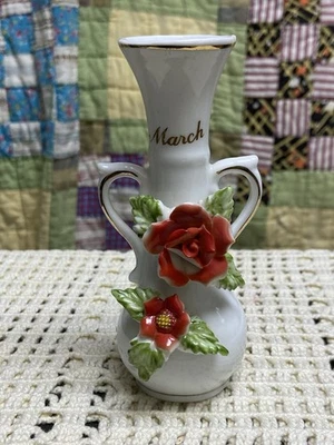 Jarrón de cumpleaños vintage de marzo blanco cerámica decoración floral pequeño Foto 1 de 4