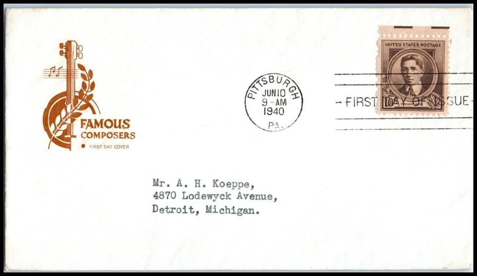 1940 Ethelbert Nevin composer Sc 883-5 FDC House of Farnam, romantic music (4V - Image 1 of 1
