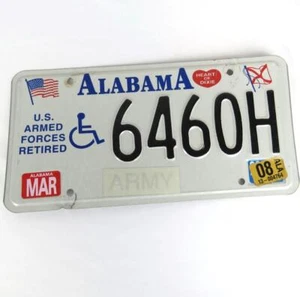 Alabama HEART OF DIXIE US Armed Forces Retired ARMY? 2008 License Plate # 6460H - Picture 1 of 3