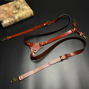 Vintage Brown Leather H Back Suspenders Belts 4 Brass Hooks For Men Male Work