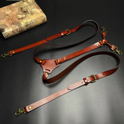 Vintage Brown Leather H Back Suspenders Belts 4 Brass Hooks For Men Male Work - Image 1 of 4