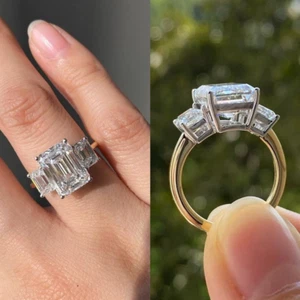 3.50 Ct Emerald Cut IGI Certified Lab Grown Diamond 3-Stone Ring Solid 14k Gold - Picture 1 of 24