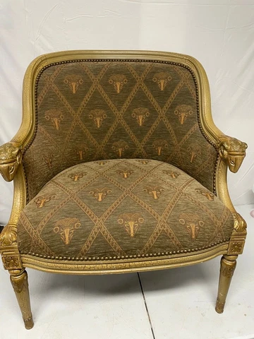 Neoclassical Empire Chair with a Barrel Back with RamsHead Armrest, and  Fabric Cover
