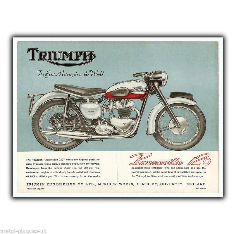 Triumph Bonneville 120 t120 Publicidad Vintage SIGNO PLACA DE PARED METAL impresión artística