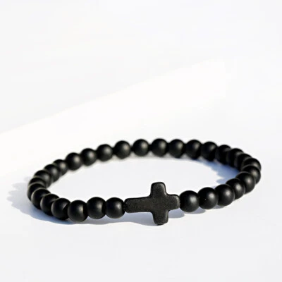 6mm Matte Onyx Stone Cross Yoga Beaded Bracelet Boyfriend Friendship Gift Unisex - Image 1 of 4