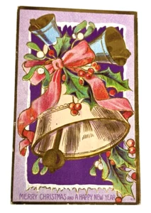 Antike Weihnachts-Postkarte 1909 lila Messingglocke rote Schleife Stechpalme E Liverpool Ohio - Bild 1 von 8