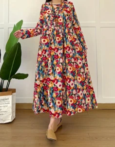 ❣️Romantik Landhaus Kaftan Kleid Taschen Leinen M 38 L 40 Farbenrausch bunt - Bild 1 von 6