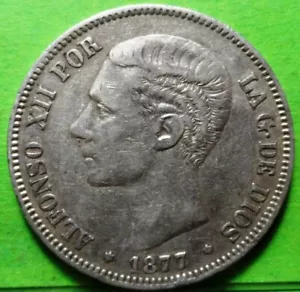 ALFONSO XII, 5 Pesetas, 1877 Estrellas 18-77, Plata - Imagen 1 de 2
