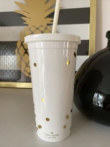 Kate Spade Tumbler Cup w/ Straw Cream Gold Polka Dots To Go Travel Large Plastic - Picture 1 of 4