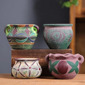 4 Piece Ceramic Plant Pots Indoor Pots Set with Drainage Holes, Rustic Colorful - Picture 1 of 12