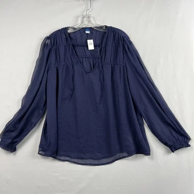 Old Navy Top 尺寸 M 雪纺褶皱衬衫海军蓝透明气球袖 — 第 1/4 张图片