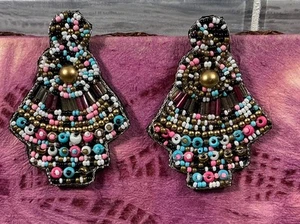 Artisan Beaded Statement Piece Tribal Boho Vtg Style 2.5”X2.0” Post Earrings - Picture 1 of 21