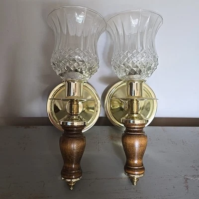 Vintage Wall Sconce Pair Gold Toned Metal & Wood 2 Votive Candle Holders USA - Image 1 of 4