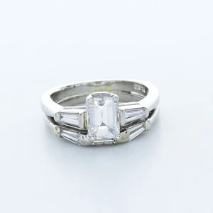 1.75CTW LAB DIAMONDS H/VS1 EMERALD CUT PLATINUM VINTAGE THREE-STONE BRIDAL SET - Picture 1 of 5