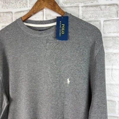 Polo Ralph Lauren Gris Gofre Texturizado Manga Larga Cuello Redondo Camiseta Para Hombres GRANDE Foto 1 de 4