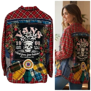 Upcycled Flannel Shirt Womens XL Skater Vibes Shacket Grunge Streetwear Festival - Picture 1 of 19