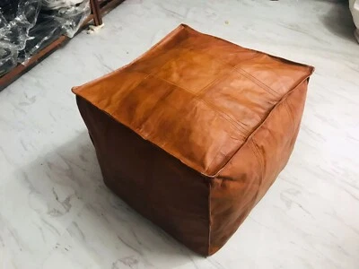 Boho New Pouf Brown Square Footrest Leather Moroccan Ottoman Pouffe - Image 1 of 4